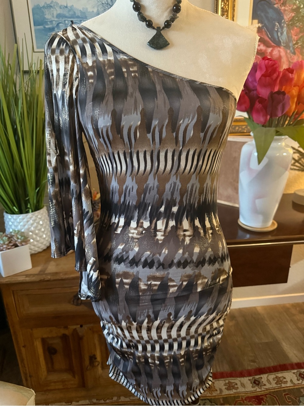 Arden B One-Shoulder Metallic Brown and Black Print Bodycon Dress